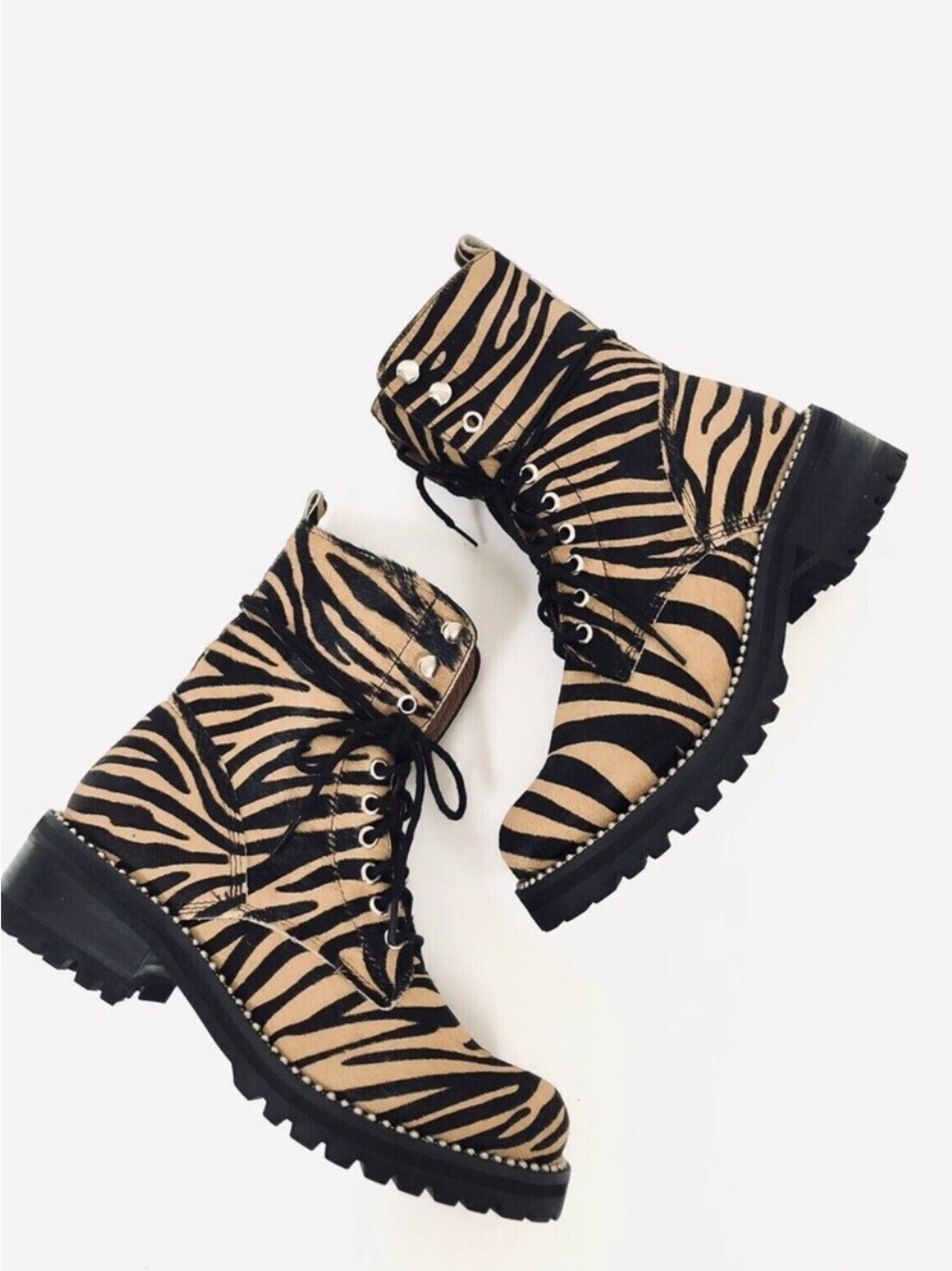 NWT AQUA Jax Tiger Print Studded Calf Hair Combat Hiker Boots